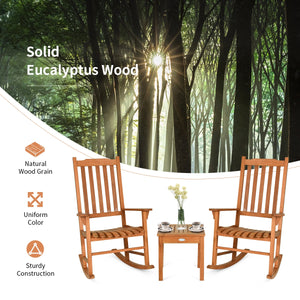 This eucalyptus rocking chair set is perfect for the patio  backyard  porch  garden or beach area. Â  This rocking chair set includes two wood rocking chairs and a coffee table  available for 2 people to relax. The wide backrest with wide batten and ergon