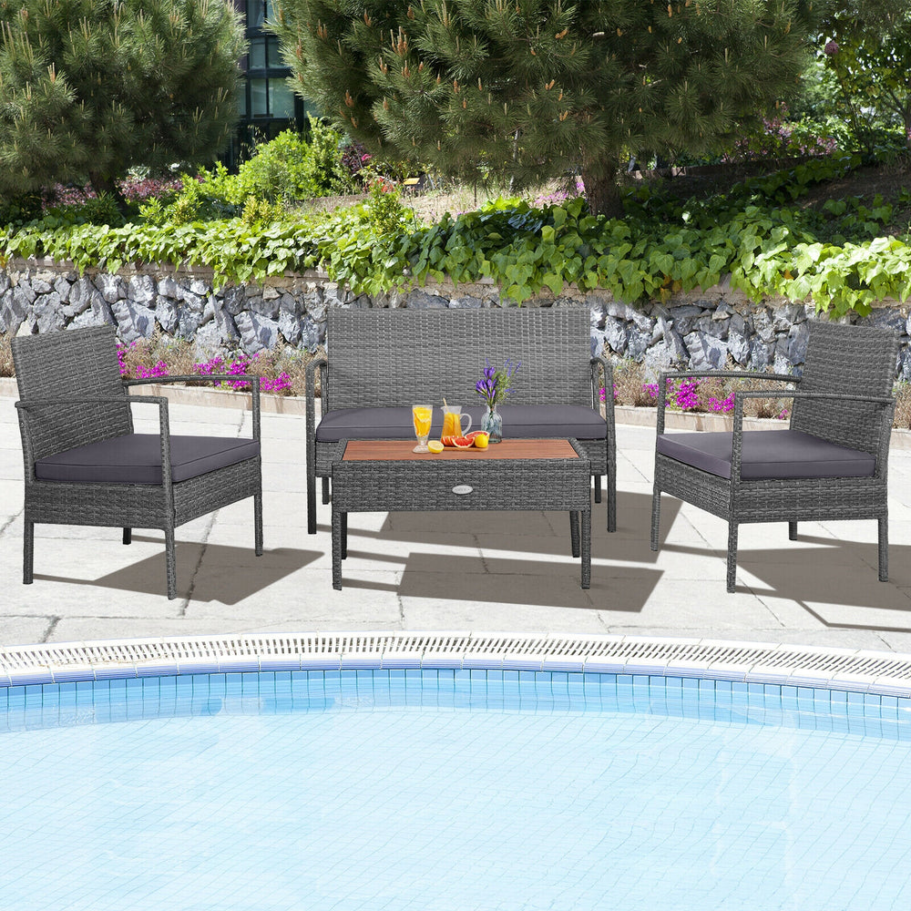 Including 2 single sofas  1 loveseat and 1 coffee table <br>Suitable for poolside  backyard  deck  garden  etc. <br>Ergonomic seat with soft cushions for extra comfort <br>Zippered design ensures easy removal and maintenance <br>Waterproof cushion cover r
