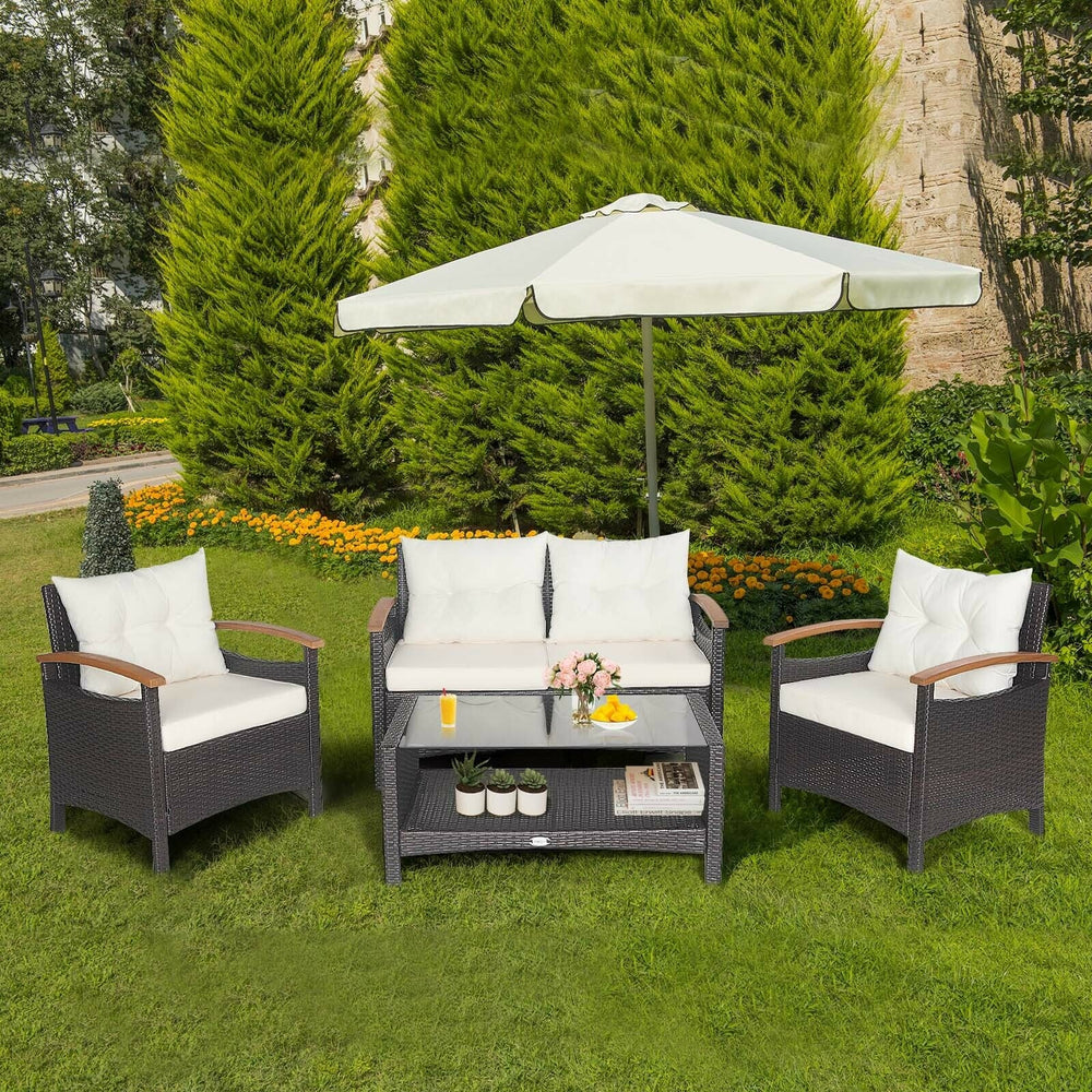 This 4-piece patio rattan conversation set will be a perfect addition to your backyard or other outdoor occasions. Â  Constructed of heavy-duty and anti-rust steel frame  all the loveseat  single sofas and coffee table can withstand strong weight. And the