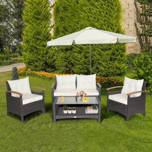 This 4-piece patio rattan conversation set will be a perfect addition to your backyard or other outdoor occasions. Â  Constructed of heavy-duty and anti-rust steel frame  all the loveseat  single sofas and coffee table can withstand strong weight. And the