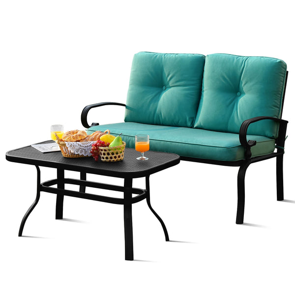 This premium outdoor patio conversation bench set will be a good choice for you. Â  This 2-Piece patio loveseat set includes 1 loveseat  1 coffee table  1 seat cushion and 2 back cushions  which is a great choice for your indoor and outdoor environment. Y