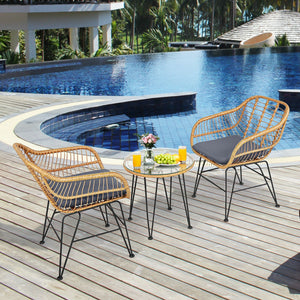 Premium wicker ensures high resistance to weather/sunlight/water<br>Heavy-duty steel frame with rust-resistant powder coated surface<br>High density sponge padded cushions provide great comfort<br>Tempered glass tabletop to place small decor  snacks and d
