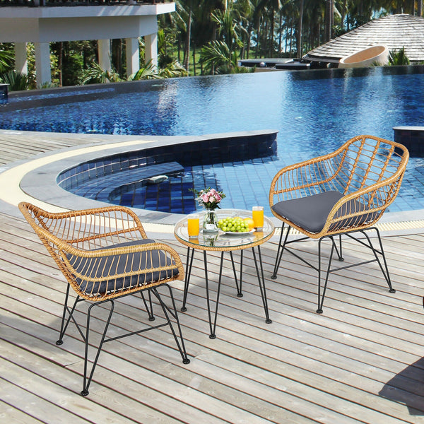 Premium wicker ensures high resistance to weather/sunlight/water<br>Heavy-duty steel frame with rust-resistant powder coated surface<br>High density sponge padded cushions provide great comfort<br>Tempered glass tabletop to place small decor  snacks and d