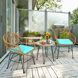 Premium wicker ensures high resistance to weather/sunlight/water<br>Heavy-duty steel frame with rust-resistant powder coated surface<br>High density sponge padded cushions provide great comfort<br>Tempered glass tabletop to place small decor  snacks and d
