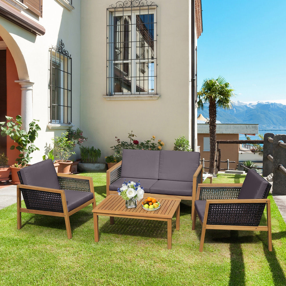 Come with 2 packages  may arrive separately <br>High quality acacia wood for steady performance and rustic touch <br>Withstand weather variations thanks to its all-weather mix of brown PE rattan <br>Bring a soft sitting experience with breathable and thic