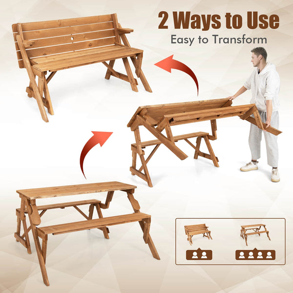 A piece of outdoor furniture that combines a picnic table and garden bench as one for great convenience! Â  When it serves as an outdoor picnic table  it can accommodate 4 people  which is great for outdoor gatherings. Meanwhile  the built-in umbrella hol