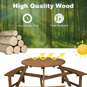 Have a wonderful gathering time with this round wooden picnic table! Â  Holding up to 6 people  this round wooden picnic table is suitable for family or friends gathering to spend an enjoyable leisure time. In order to build a durable outdoor round picnic