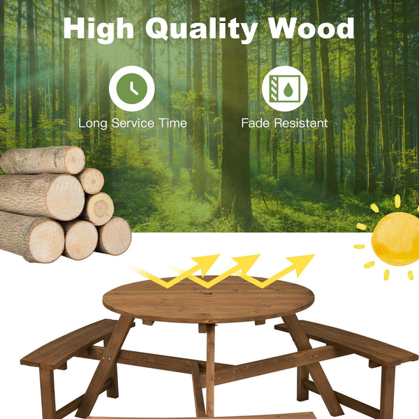Have a wonderful gathering time with this round wooden picnic table! Â  Holding up to 6 people  this round wooden picnic table is suitable for family or friends gathering to spend an enjoyable leisure time. In order to build a durable outdoor round picnic