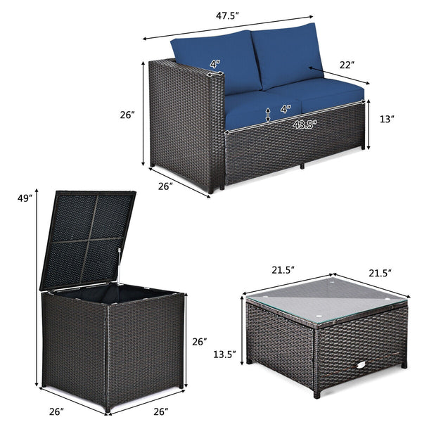 Made of rattan with good toughness and weather-resistant function<br>Reinforced steel frame with excellent stability<br>Padded seat and back cushions for soft and comfortable sitting feeling<br>Coffee table with tempered glass for strong supporting<br>End