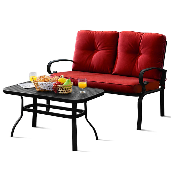 This premium outdoor patio conversation bench set will be a good choice for you. Â  This 2-Piece patio loveseat set includes 1 loveseat  1 coffee table  1 seat cushion and 2 back cushions  which is a great choice for your indoor and outdoor environment. Y