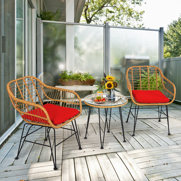 Premium wicker ensures high resistance to weather/sunlight/water<br>Heavy-duty steel frame with rust-resistant powder coated surface<br>High density sponge padded cushions provide great comfort<br>Tempered glass tabletop to place small decor  snacks and d