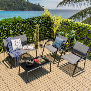 Make outdoor life more comfortable and make outdoor places more beautiful with this 4-piece patio furniture set! Â  To provide you with upgraded comfort  this outdoor conversation set is ergonomically designed with curved backrests  cozy armrests and wide