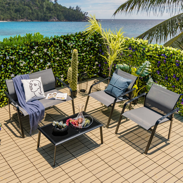 Make outdoor life more comfortable and make outdoor places more beautiful with this 4-piece patio furniture set! Â  To provide you with upgraded comfort  this outdoor conversation set is ergonomically designed with curved backrests  cozy armrests and wide