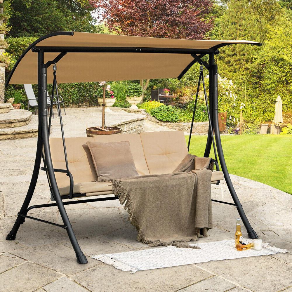 This outdoor porch swing with canopy can provide you with comfortable sitting feeling  letting you have a good leisure time and relieve stress. Â  The porch swing features heavy-duty steel frame  triangular base and solid springs hooks  bearing up to 800 