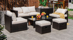 8-piece seat for more creative combinations Fetch different belongings with ease because of the practical coffee table Sturdier and safer to use with high quality tempered glass tabletop Soft and thick cushions for ultimate coziness Hold the ottomans' cus