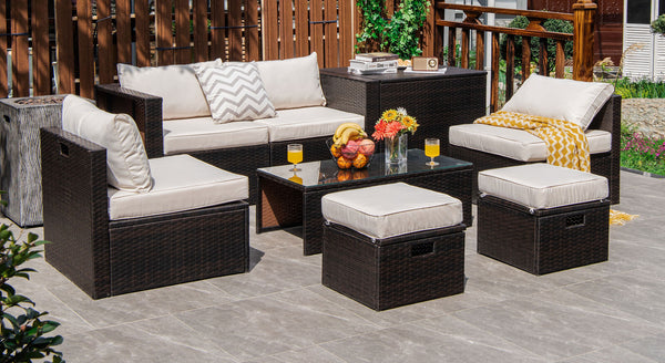 8-piece seat for more creative combinations Fetch different belongings with ease because of the practical coffee table Sturdier and safer to use with high quality tempered glass tabletop Soft and thick cushions for ultimate coziness Hold the ottomans' cus