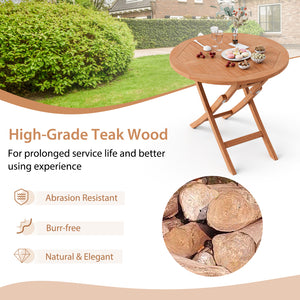 High-grade teak wood for long-time outdoor use<br>X-shaped structure for higher stability<br>Can be folded for space-saving storage<br>Natural appearance for better dining experience<br>31.5" wide tabletop suits for 4 people to sit around<br>Suitable for 