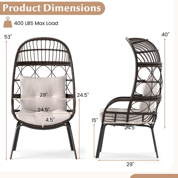 Well-woven PE rattan for long-lasting elegance<br>Ergonomic and large seat makes you more relaxed<br>Soft and elastic seat and back cushions bring more coziness<br>Heavy-duty metal frame offers strong support up to 400 lbs<br>Adjustable foot pads and firm