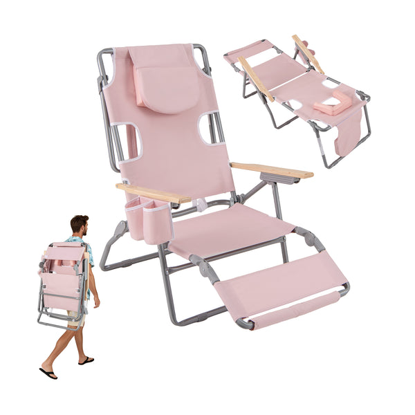 3-in-1 design: suitable for full flat sunbathing  lounging  or sitting<br>The face and arm holes allow for reading books or playing mobile while sunbathing<br>Comes with a detachable pillow  a footrest  and wood armrests for enhanced comfort<br>Equipped w