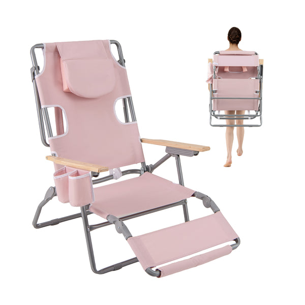 3-in-1 design: suitable for full flat sunbathing  lounging  or sitting<br>The face and arm holes allow for reading books or playing mobile while sunbathing<br>Comes with a detachable pillow  a footrest  and wood armrests for enhanced comfort<br>Equipped w