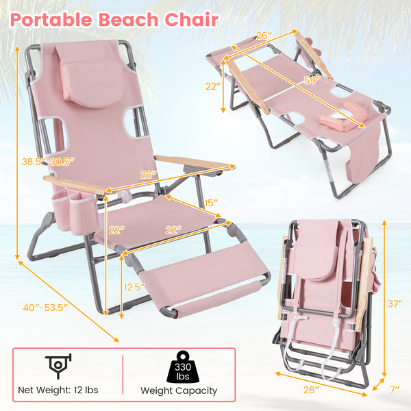 3-in-1 design: suitable for full flat sunbathing  lounging  or sitting<br>The face and arm holes allow for reading books or playing mobile while sunbathing<br>Comes with a detachable pillow  a footrest  and wood armrests for enhanced comfort<br>Equipped w