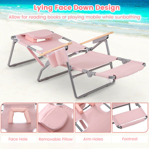 3-in-1 design: suitable for full flat sunbathing  lounging  or sitting<br>The face and arm holes allow for reading books or playing mobile while sunbathing<br>Comes with a detachable pillow  a footrest  and wood armrests for enhanced comfort<br>Equipped w