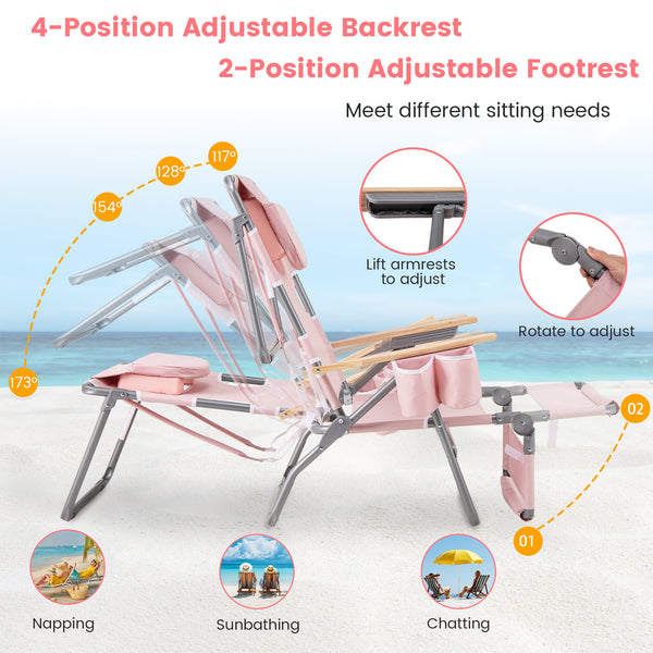 3-in-1 design: suitable for full flat sunbathing  lounging  or sitting<br>The face and arm holes allow for reading books or playing mobile while sunbathing<br>Comes with a detachable pillow  a footrest  and wood armrests for enhanced comfort<br>Equipped w
