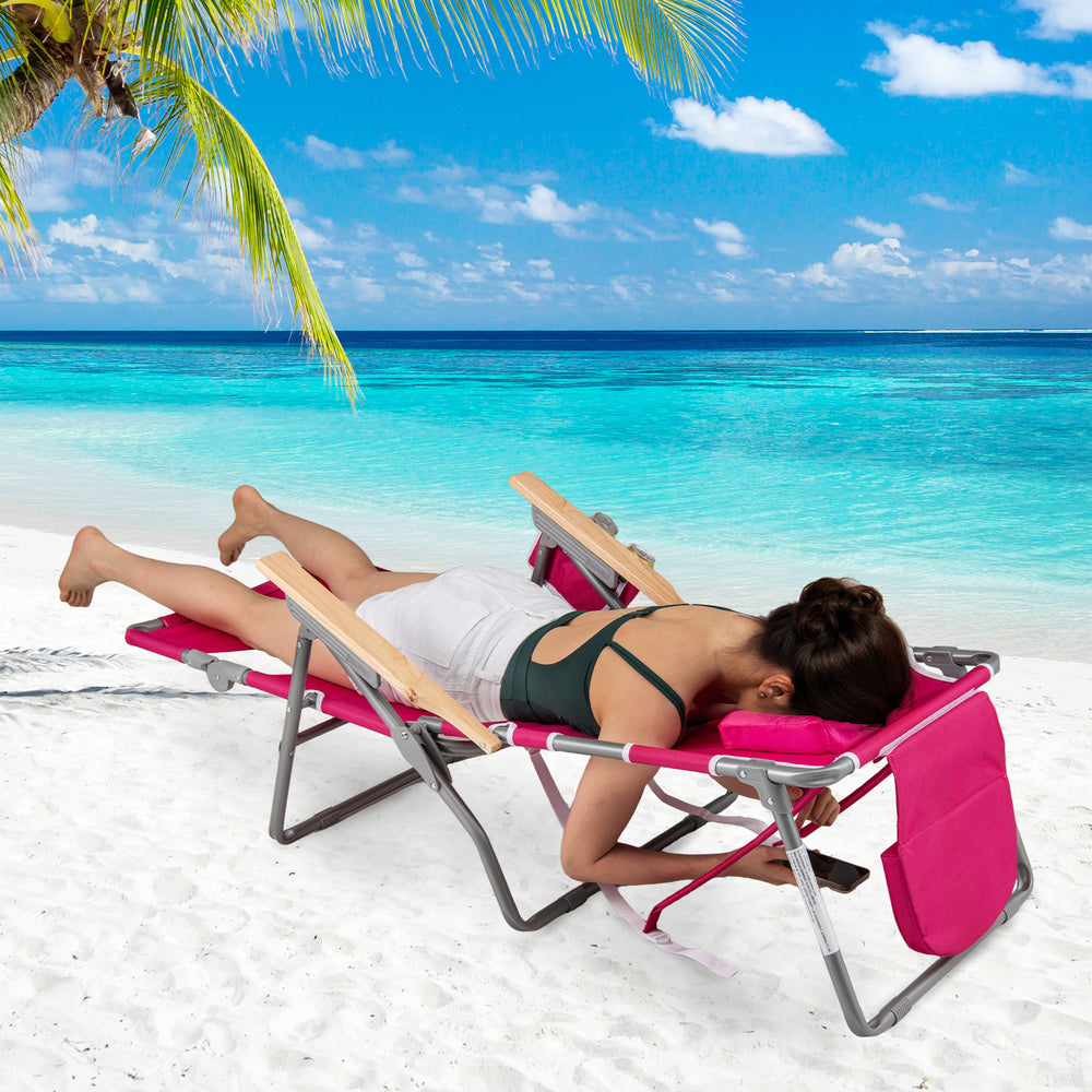 3-in-1 design: suitable for full flat sunbathing  lounging  or sitting<br>The face and arm holes allow for reading books or playing mobile while sunbathing<br>Comes with a detachable pillow  a footrest  and wood armrests for enhanced comfort<br>Equipped w