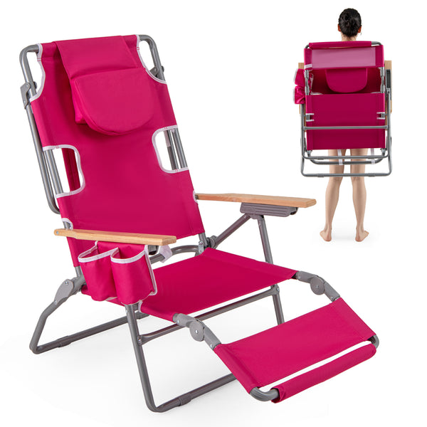 3-in-1 design: suitable for full flat sunbathing  lounging  or sitting<br>The face and arm holes allow for reading books or playing mobile while sunbathing<br>Comes with a detachable pillow  a footrest  and wood armrests for enhanced comfort<br>Equipped w