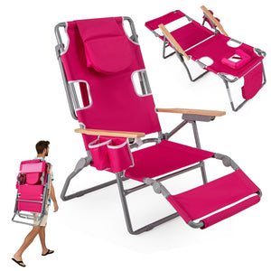 3-in-1 design: suitable for full flat sunbathing  lounging  or sitting<br>The face and arm holes allow for reading books or playing mobile while sunbathing<br>Comes with a detachable pillow  a footrest  and wood armrests for enhanced comfort<br>Equipped w