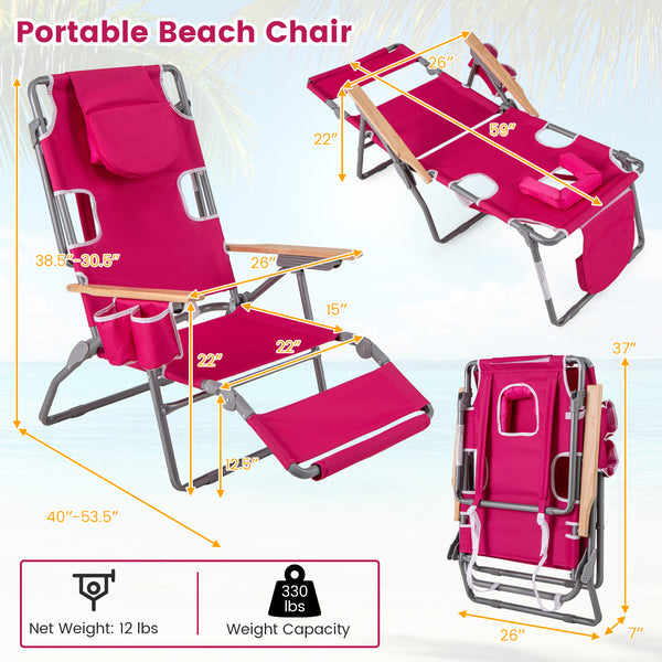 3-in-1 design: suitable for full flat sunbathing  lounging  or sitting<br>The face and arm holes allow for reading books or playing mobile while sunbathing<br>Comes with a detachable pillow  a footrest  and wood armrests for enhanced comfort<br>Equipped w