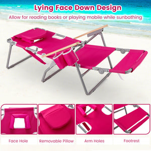 3-in-1 design: suitable for full flat sunbathing  lounging  or sitting<br>The face and arm holes allow for reading books or playing mobile while sunbathing<br>Comes with a detachable pillow  a footrest  and wood armrests for enhanced comfort<br>Equipped w