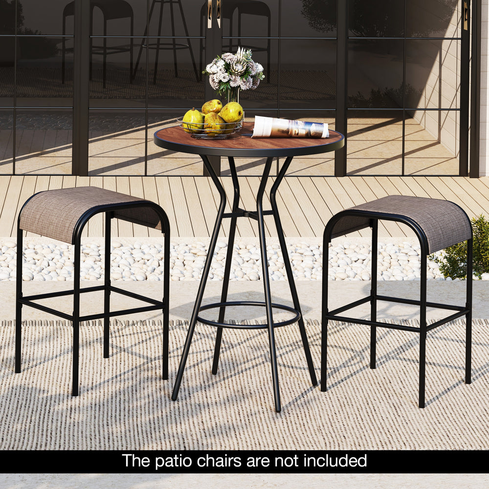 The patio bistro set includes a bar height table and 2 bar stools<br>Designed with a 1.6" coverable umbrella hole (umbrella is not included)<br>An umbrella base is required to maintain stability but not included<br>Features a wood-grained DPC tabletop tha