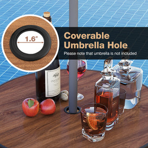 The patio bistro set includes a bar height table and 2 bar stools<br>Designed with a 1.6" coverable umbrella hole (umbrella is not included)<br>An umbrella base is required to maintain stability but not included<br>Features a wood-grained DPC tabletop tha
