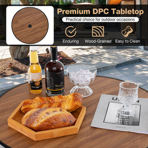 The patio bistro set includes a bar height table and 2 bar stools<br>Designed with a 1.6" coverable umbrella hole (umbrella is not included)<br>An umbrella base is required to maintain stability but not included<br>Features a wood-grained DPC tabletop tha