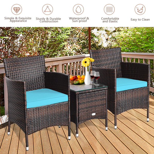 This item includes 2 rattan chairs(with cushions)  a coffee table and instruction<br>Rattan chair with comfortable cushions  adds elegance and practicality<br>The ergonomic armrest and the cradle-shape seat provide a relaxing zone<br>A coffee table with t