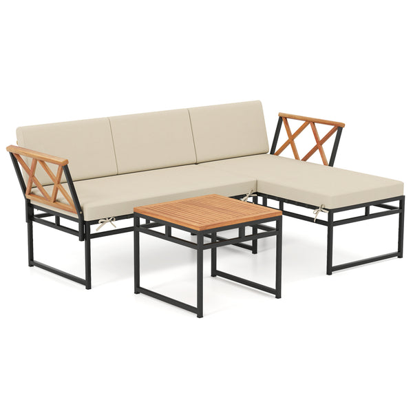 Solid acacia wood for lasting longevity and charm<br>Sponge-filled back and seat cushions offer added comfort<br>Simple to remove and clean the cushion covers with smooth zippers<br>Functional coffee table provides easy access to your outdoor items<br>Rel