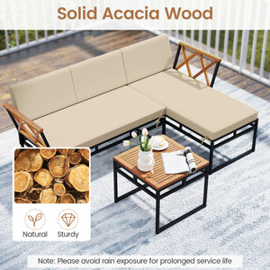 Solid acacia wood for lasting longevity and charm<br>Sponge-filled back and seat cushions offer added comfort<br>Simple to remove and clean the cushion covers with smooth zippers<br>Functional coffee table provides easy access to your outdoor items<br>Rel