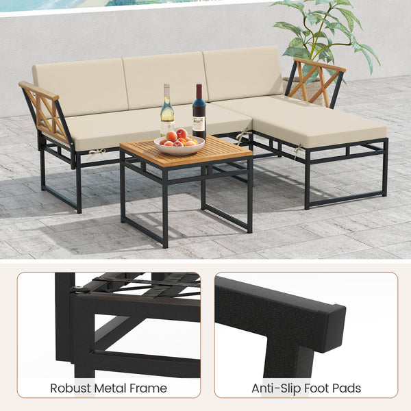 Solid acacia wood for lasting longevity and charm<br>Sponge-filled back and seat cushions offer added comfort<br>Simple to remove and clean the cushion covers with smooth zippers<br>Functional coffee table provides easy access to your outdoor items<br>Rel