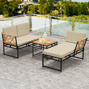 Solid acacia wood for lasting longevity and charm<br>Sponge-filled back and seat cushions offer added comfort<br>Simple to remove and clean the cushion covers with smooth zippers<br>Functional coffee table provides easy access to your outdoor items<br>Rel