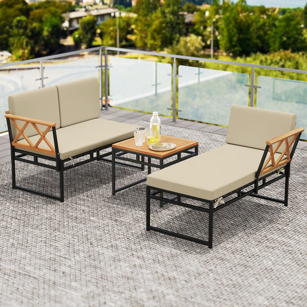 Solid acacia wood for lasting longevity and charm<br>Sponge-filled back and seat cushions offer added comfort<br>Simple to remove and clean the cushion covers with smooth zippers<br>Functional coffee table provides easy access to your outdoor items<br>Rel