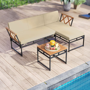 Solid acacia wood for lasting longevity and charm<br>Sponge-filled back and seat cushions offer added comfort<br>Simple to remove and clean the cushion covers with smooth zippers<br>Functional coffee table provides easy access to your outdoor items<br>Rel