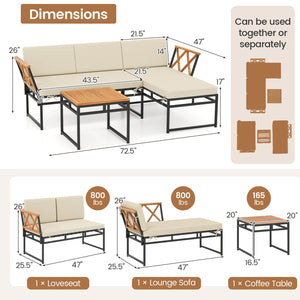 Solid acacia wood for lasting longevity and charm<br>Sponge-filled back and seat cushions offer added comfort<br>Simple to remove and clean the cushion covers with smooth zippers<br>Functional coffee table provides easy access to your outdoor items<br>Rel