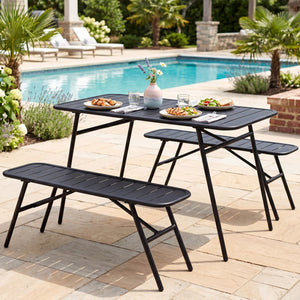 All-metal 3-piece set with a practical dining table and comfortable seating<br>Ample table space for food  drinks  snacks  and flower vases<br>Strong frame with reinforced support crossbars and a solid base<br>Adjustable feet for stability on uneven outdo