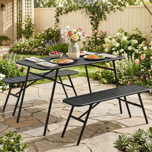 All-metal 3-piece set with a practical dining table and comfortable seating<br>Ample table space for food  drinks  snacks  and flower vases<br>Strong frame with reinforced support crossbars and a solid base<br>Adjustable feet for stability on uneven outdo