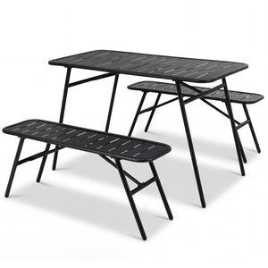 All-metal 3-piece set with a practical dining table and comfortable seating<br>Ample table space for food  drinks  snacks  and flower vases<br>Strong frame with reinforced support crossbars and a solid base<br>Adjustable feet for stability on uneven outdo