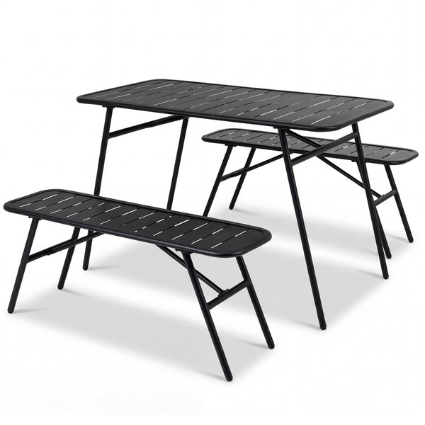 All-metal 3-piece set with a practical dining table and comfortable seating<br>Ample table space for food  drinks  snacks  and flower vases<br>Strong frame with reinforced support crossbars and a solid base<br>Adjustable feet for stability on uneven outdo