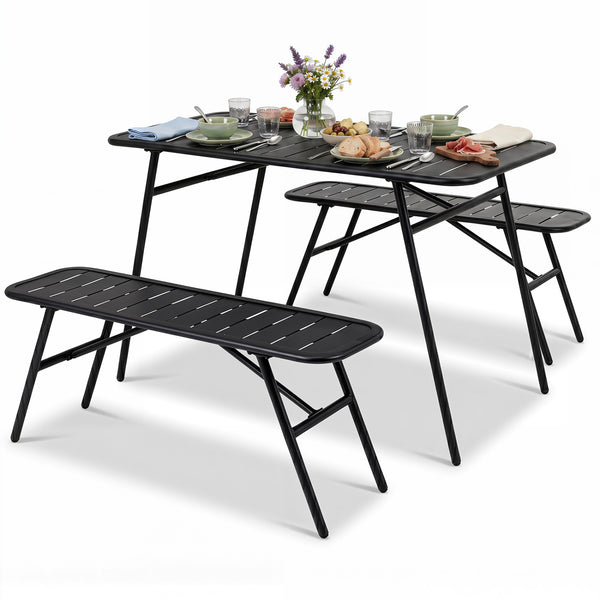 All-metal 3-piece set with a practical dining table and comfortable seating<br>Ample table space for food  drinks  snacks  and flower vases<br>Strong frame with reinforced support crossbars and a solid base<br>Adjustable feet for stability on uneven outdo