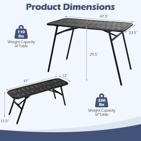All-metal 3-piece set with a practical dining table and comfortable seating<br>Ample table space for food  drinks  snacks  and flower vases<br>Strong frame with reinforced support crossbars and a solid base<br>Adjustable feet for stability on uneven outdo