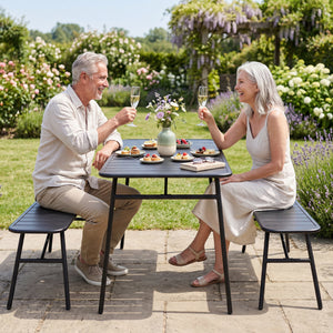 All-metal 3-piece set with a practical dining table and comfortable seating<br>Ample table space for food  drinks  snacks  and flower vases<br>Strong frame with reinforced support crossbars and a solid base<br>Adjustable feet for stability on uneven outdo